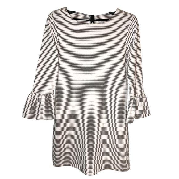 J.Crew Factory Bell Sleeve Dress M Black Cream Stripe Cotton Blend Classic Chic - Picture 1 of 13